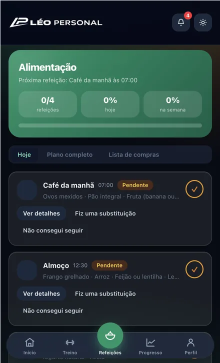 Refeições no app